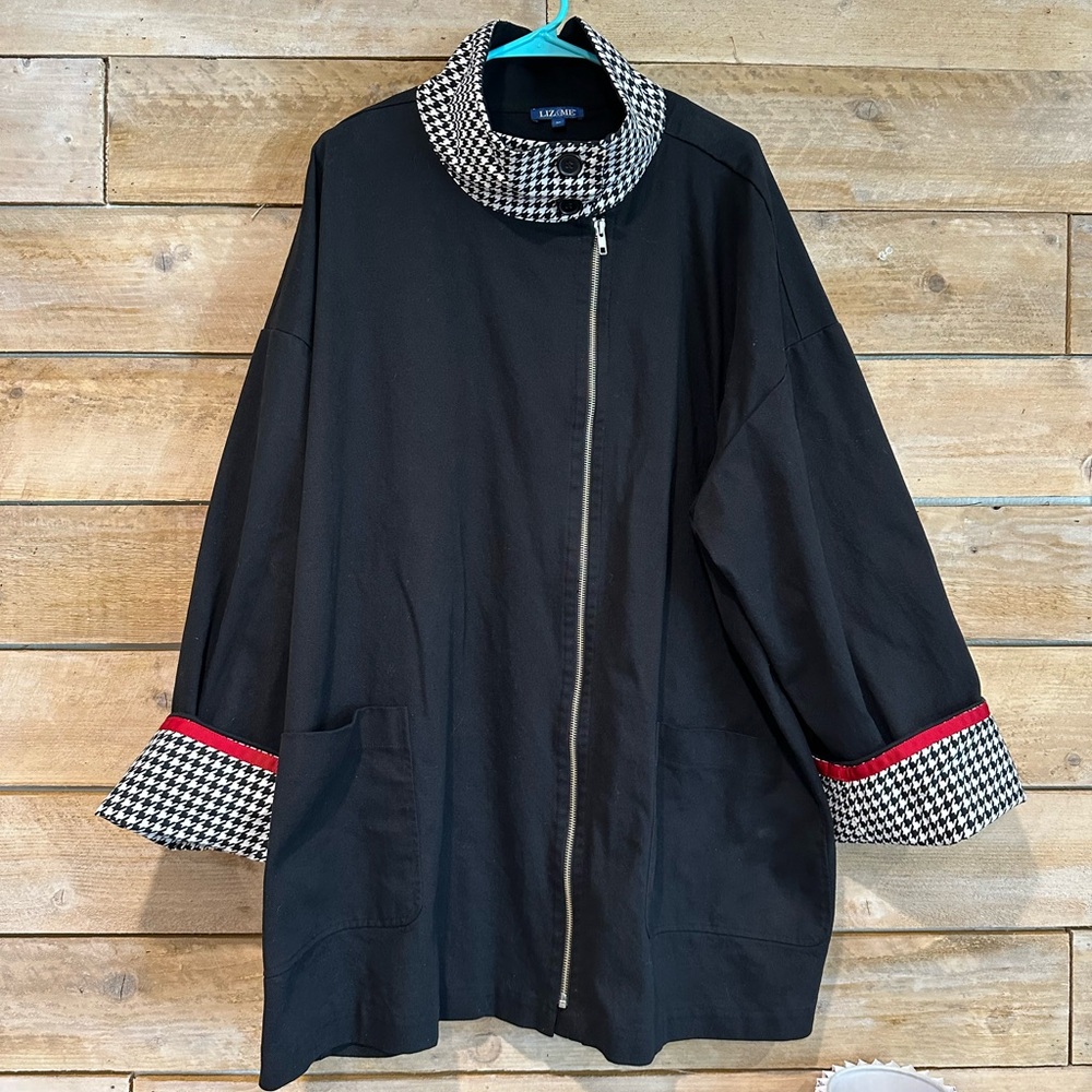 Liz & Me 3X Black Jacket Plus Size Houndstooth Trim Zip Front Cotton Womens 3XL